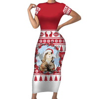 Christmas Santa Bunny Rabbits Family Matching Short Sleeve Bodycon Dress and Hawaiian Shirt Red White Tree Snowflake Pattern - Wonder Print Shop