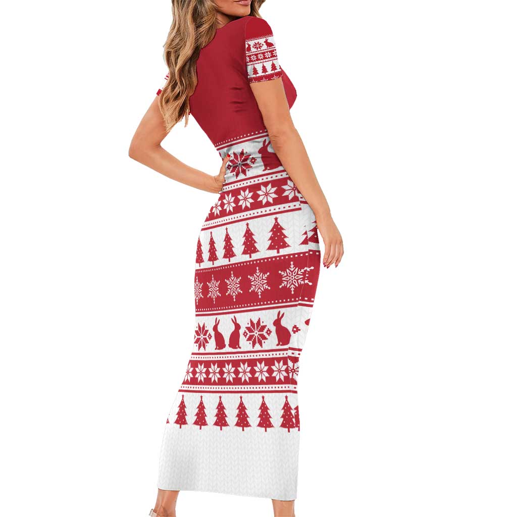 Christmas Santa Bunny Rabbits Family Matching Short Sleeve Bodycon Dress and Hawaiian Shirt Red White Tree Snowflake Pattern - Wonder Print Shop