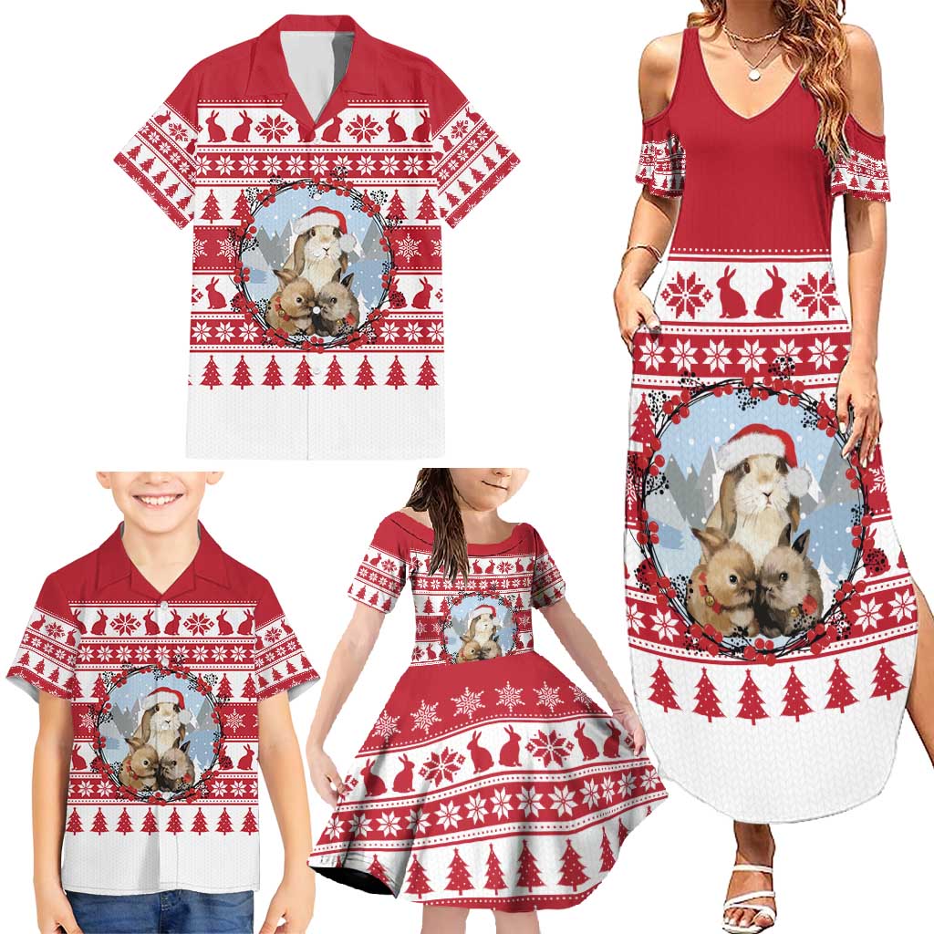Christmas Santa Bunny Rabbits Family Matching Summer Maxi Dress and Hawaiian Shirt Red White Tree Snowflake Pattern - Wonder Print Shop