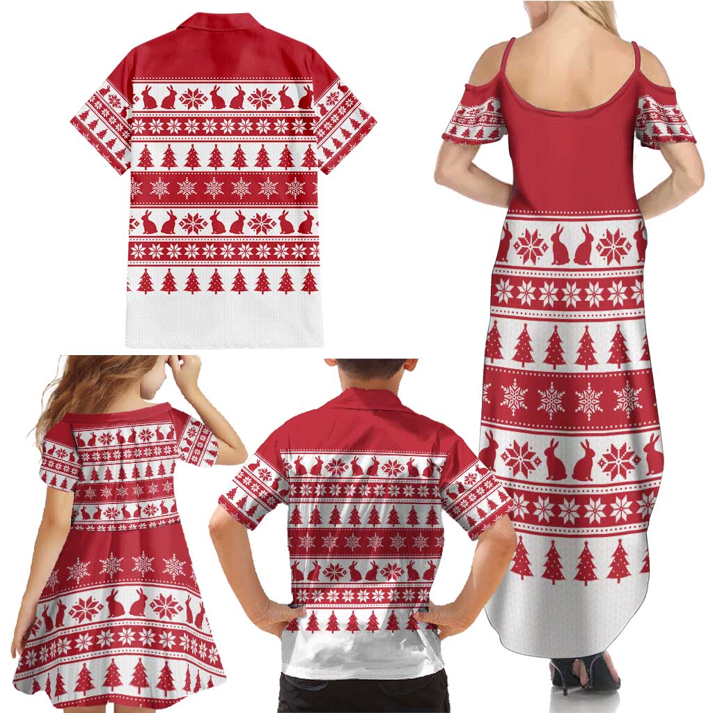 Christmas Santa Bunny Rabbits Family Matching Summer Maxi Dress and Hawaiian Shirt Red White Tree Snowflake Pattern - Wonder Print Shop