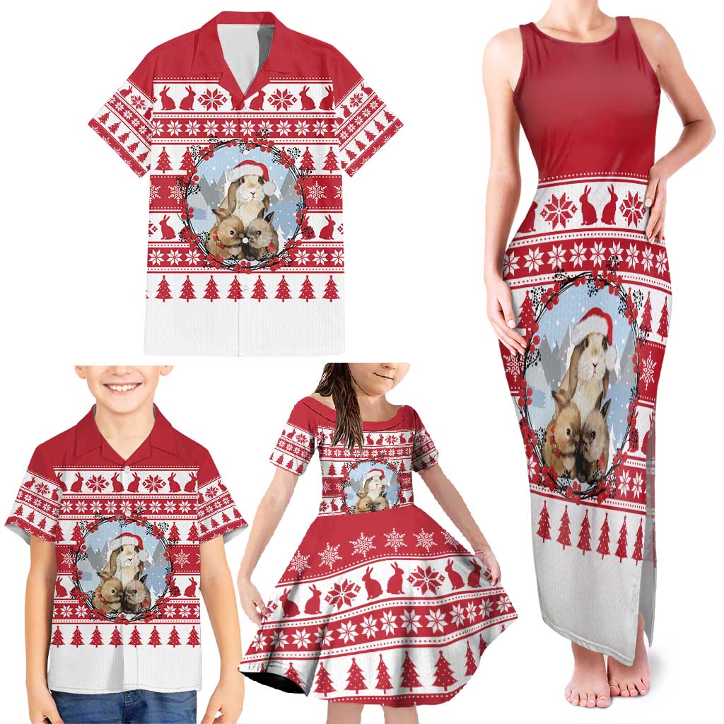 Christmas Santa Bunny Rabbits Family Matching Tank Maxi Dress and Hawaiian Shirt Red White Tree Snowflake Pattern - Wonder Print Shop