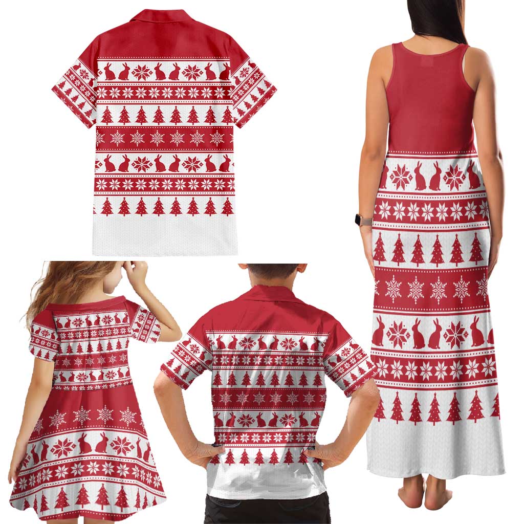 Christmas Santa Bunny Rabbits Family Matching Tank Maxi Dress and Hawaiian Shirt Red White Tree Snowflake Pattern - Wonder Print Shop