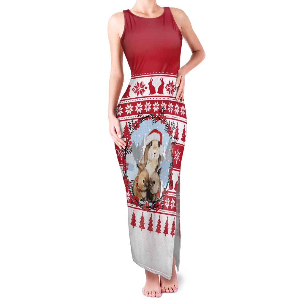 Christmas Santa Bunny Rabbits Family Matching Tank Maxi Dress and Hawaiian Shirt Red White Tree Snowflake Pattern - Wonder Print Shop