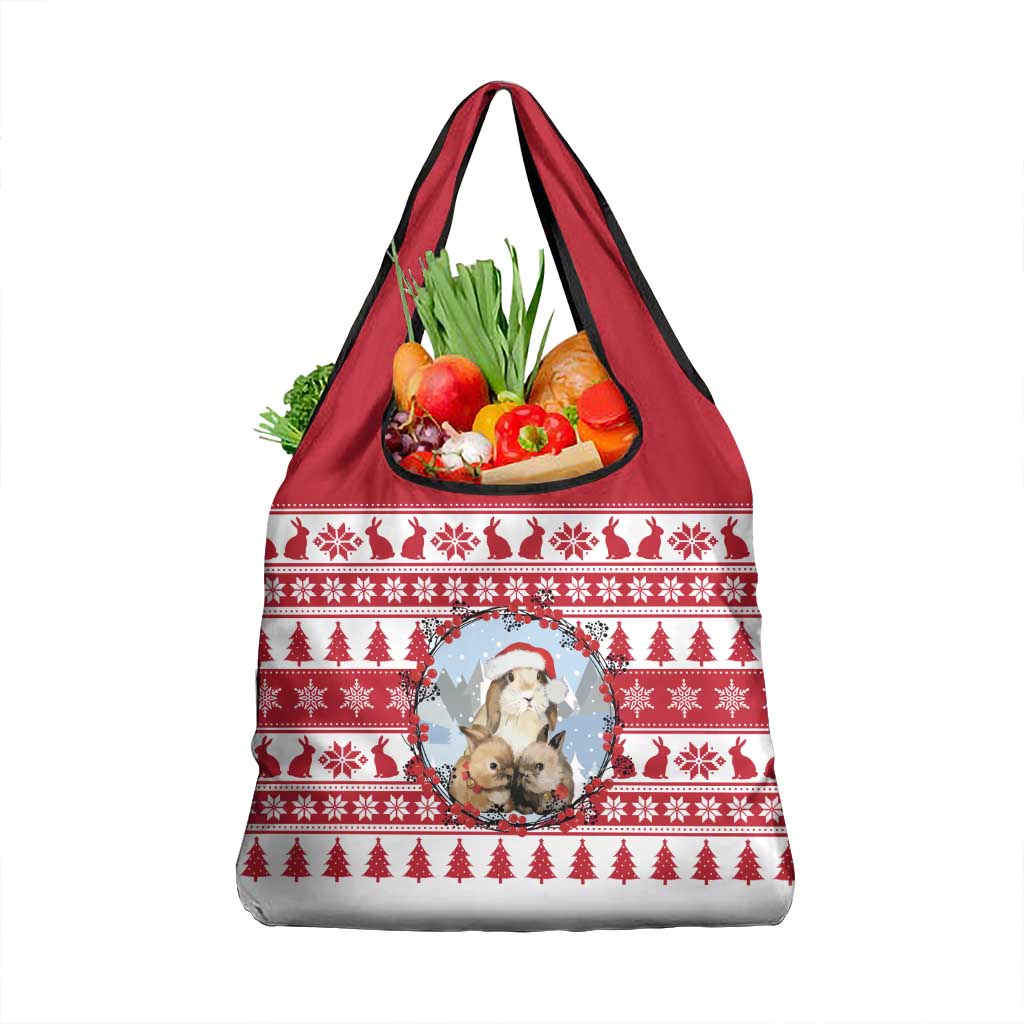Christmas Santa Bunny Rabbits Grocery Bag Red White Tree Snowflake Pattern - Wonder Print Shop