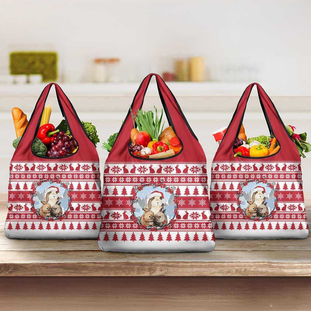 Christmas Santa Bunny Rabbits Grocery Bag Red White Tree Snowflake Pattern - Wonder Print Shop