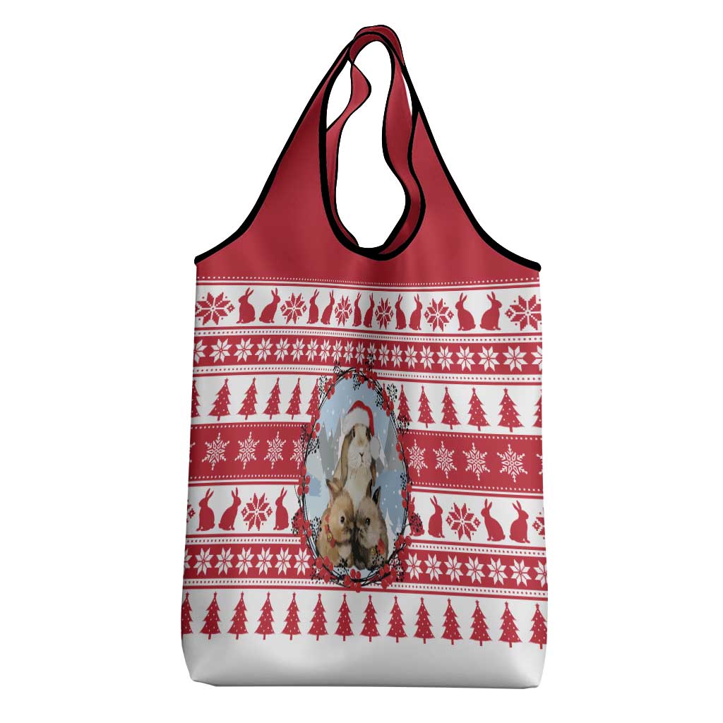 Christmas Santa Bunny Rabbits Grocery Bag Red White Tree Snowflake Pattern - Wonder Print Shop