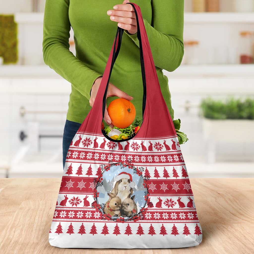 Christmas Santa Bunny Rabbits Grocery Bag Red White Tree Snowflake Pattern - Wonder Print Shop