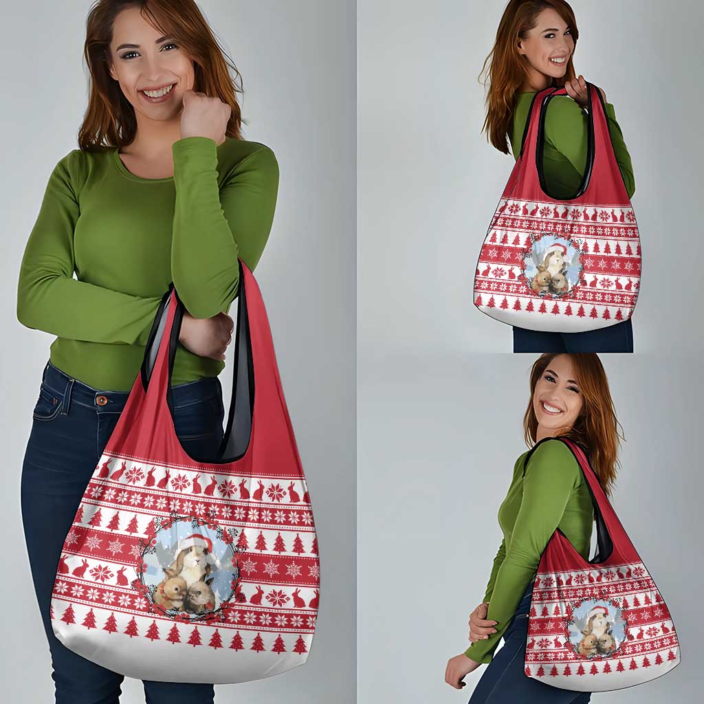 Christmas Santa Bunny Rabbits Grocery Bag Red White Tree Snowflake Pattern - Wonder Print Shop
