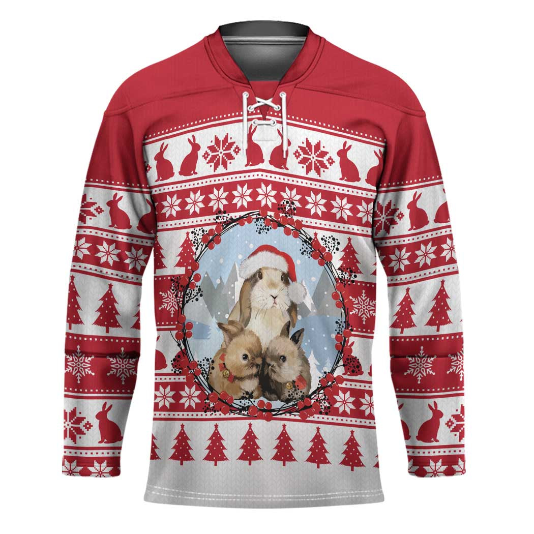 Christmas Santa Bunny Rabbits Hockey Jersey Red White Tree Snowflake Pattern - Wonder Print Shop