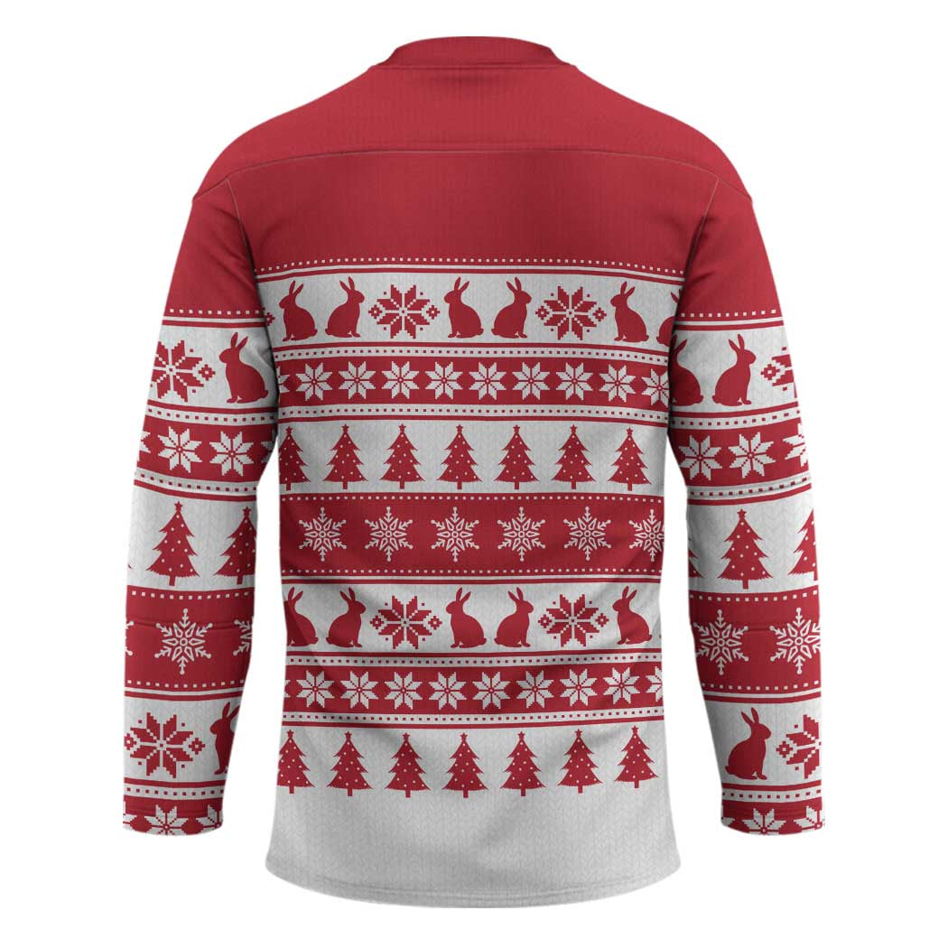 Christmas Santa Bunny Rabbits Hockey Jersey Red White Tree Snowflake Pattern - Wonder Print Shop