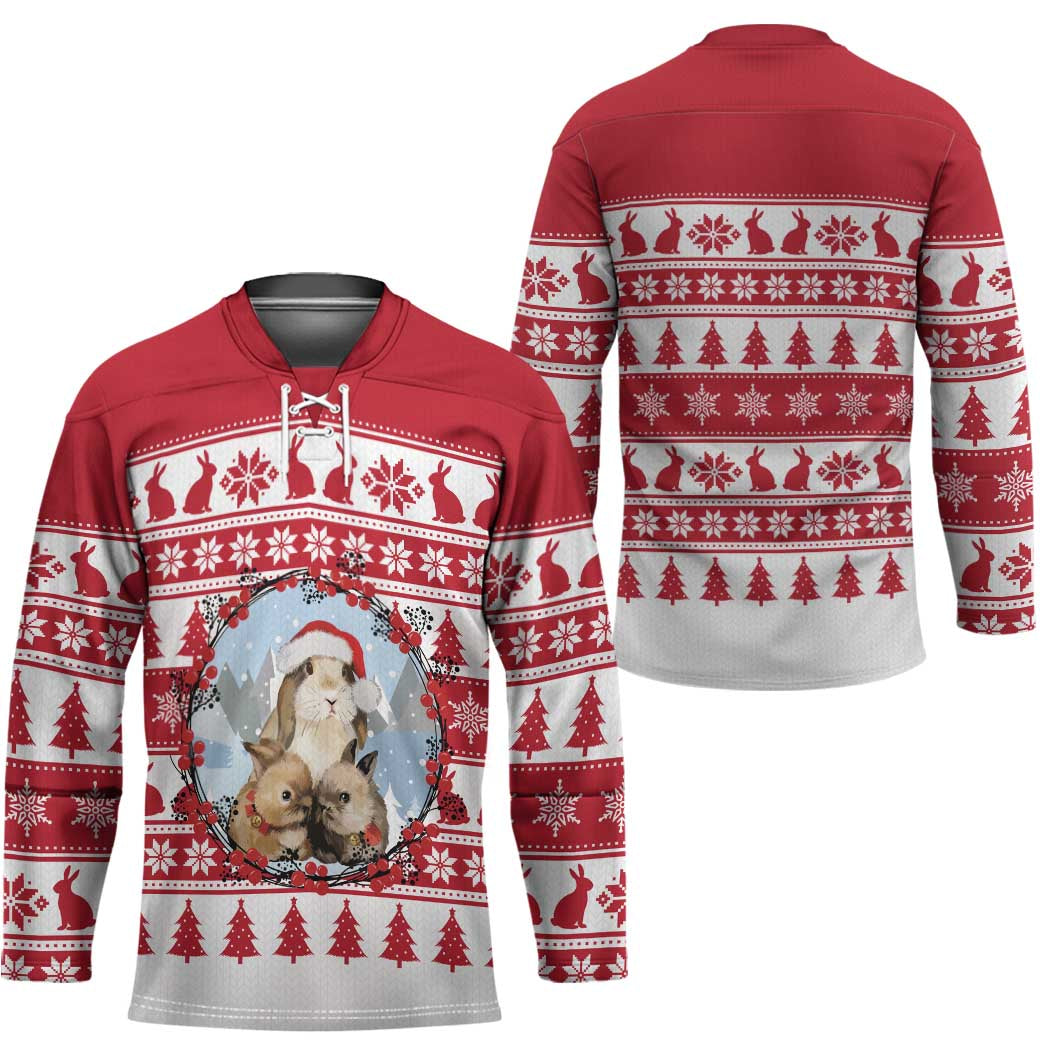 Christmas Santa Bunny Rabbits Hockey Jersey Red White Tree Snowflake Pattern - Wonder Print Shop