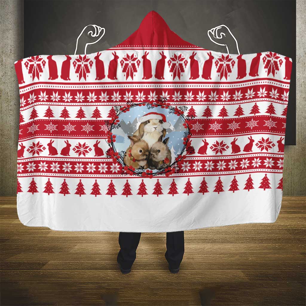 Christmas Santa Bunny Rabbits Hooded Blanket Red White Tree Snowflake Pattern - Wonder Print Shop