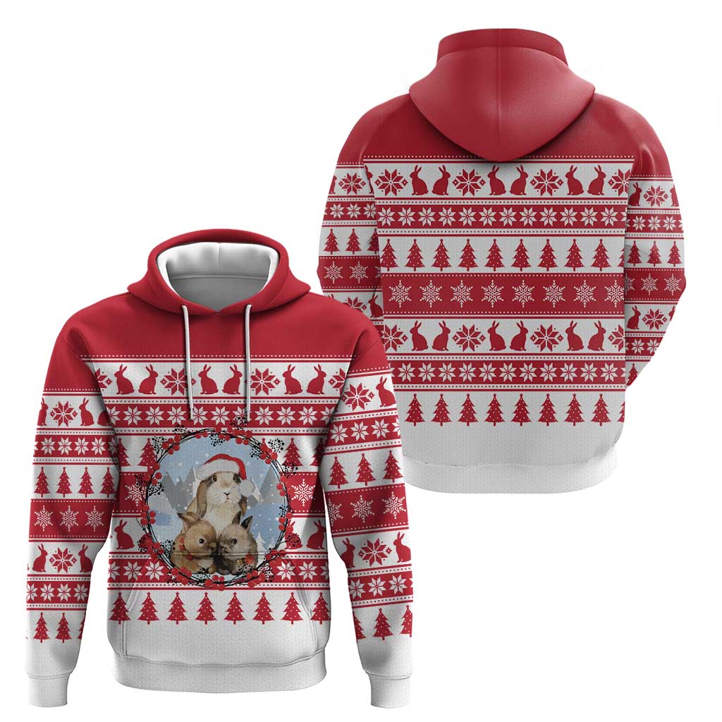 Christmas Santa Bunny Rabbits Hoodie Red White Tree Snowflake Pattern - Wonder Print Shop