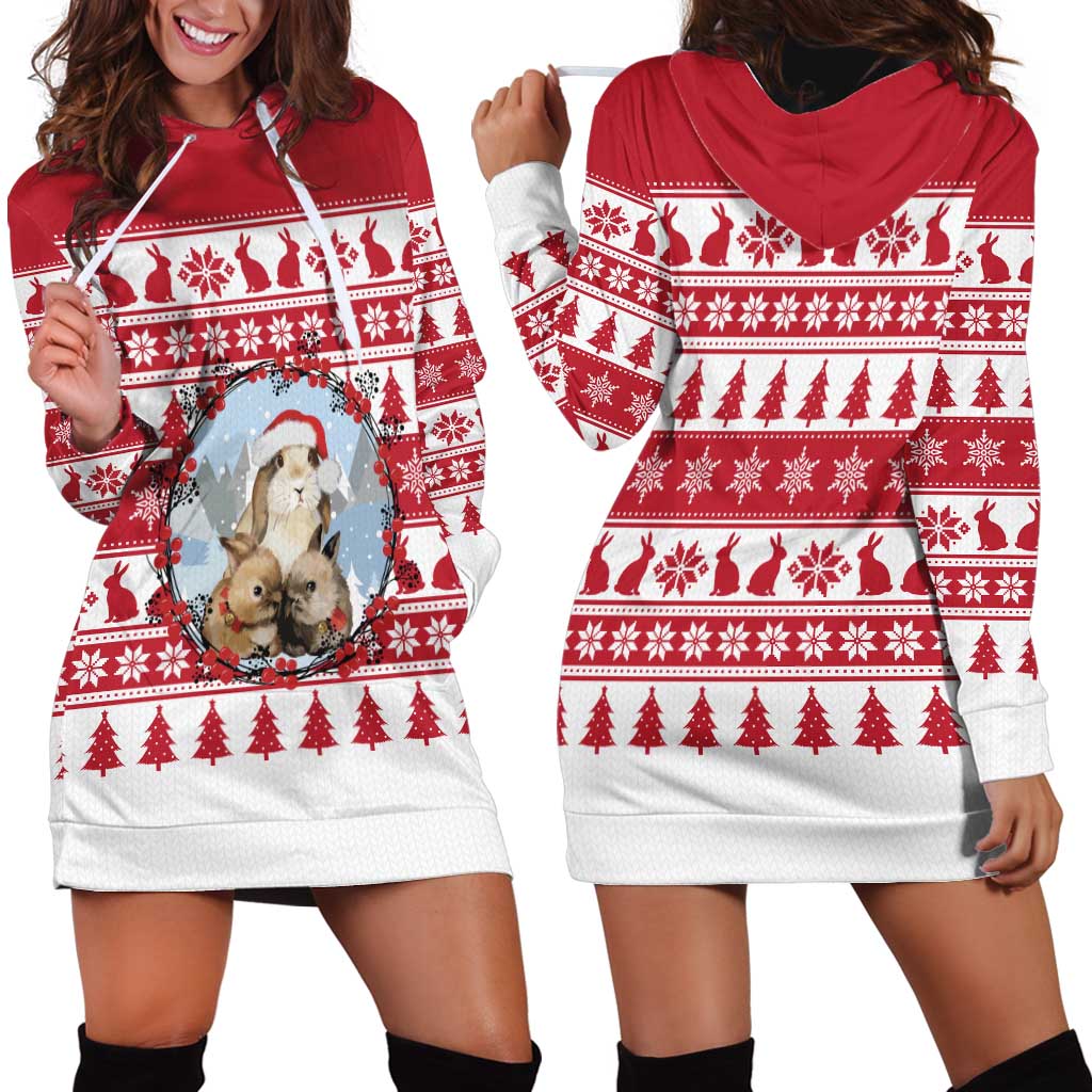 Christmas Santa Bunny Rabbits Hoodie Dress Red White Tree Snowflake Pattern - Wonder Print Shop