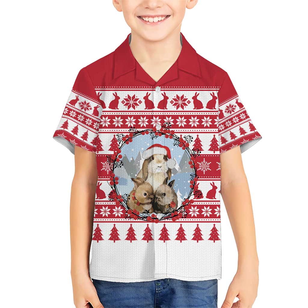 Christmas Santa Bunny Rabbits Kid Hawaiian Shirt Red White Tree Snowflake Pattern - Wonder Print Shop