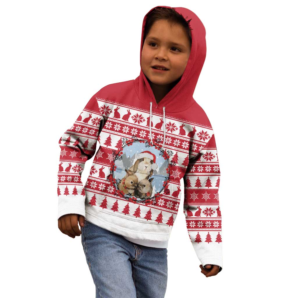 Christmas Santa Bunny Rabbits Kid Hoodie Red White Tree Snowflake Pattern - Wonder Print Shop