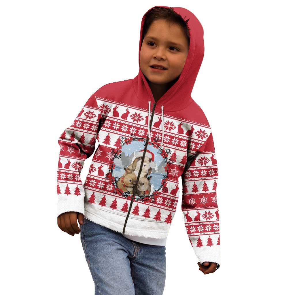 Christmas Santa Bunny Rabbits Kid Hoodie Red White Tree Snowflake Pattern - Wonder Print Shop