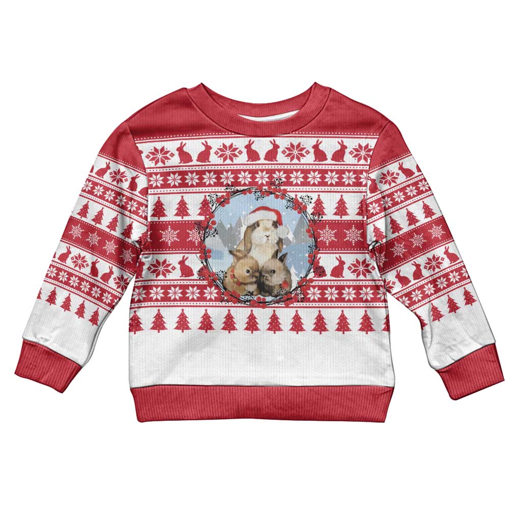 Christmas Santa Bunny Rabbits Kid Ugly Christmas Sweater Red White Tree Snowflake Pattern - Wonder Print Shop