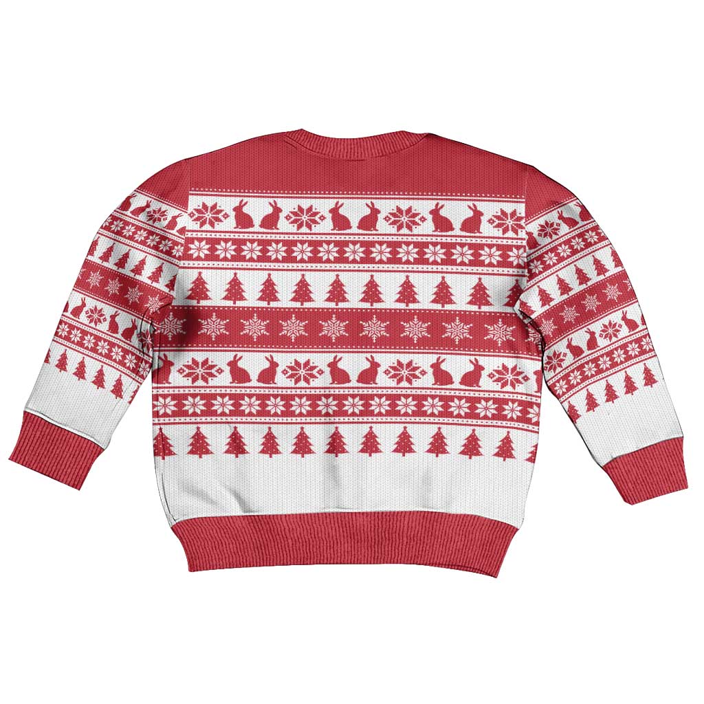 Christmas Santa Bunny Rabbits Kid Ugly Christmas Sweater Red White Tree Snowflake Pattern - Wonder Print Shop