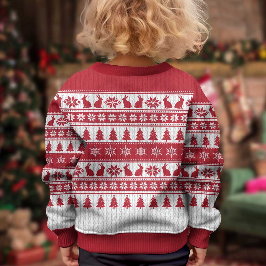 Christmas Santa Bunny Rabbits Kid Ugly Christmas Sweater Red White Tree Snowflake Pattern - Wonder Print Shop