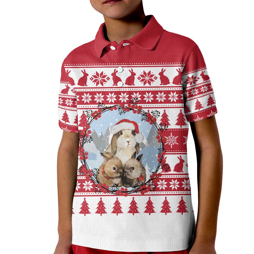Christmas Santa Bunny Rabbits Kid Polo Shirt Red White Tree Snowflake Pattern - Wonder Print Shop