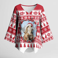 Christmas Santa Bunny Rabbits Kimono Sleeve Blouse Red White Tree Snowflake Pattern - Wonder Print Shop