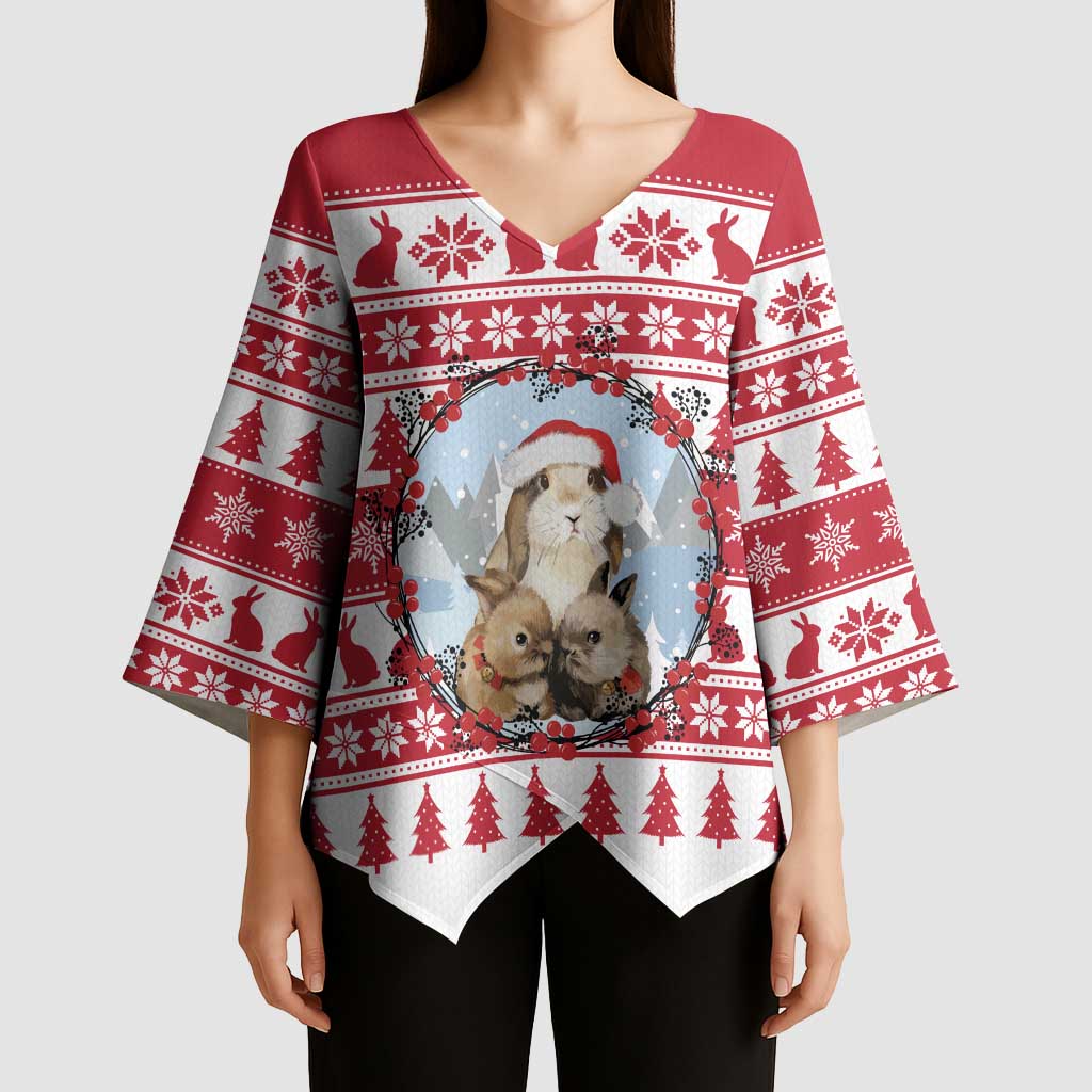 Christmas Santa Bunny Rabbits Kimono Sleeve Blouse Red White Tree Snowflake Pattern - Wonder Print Shop