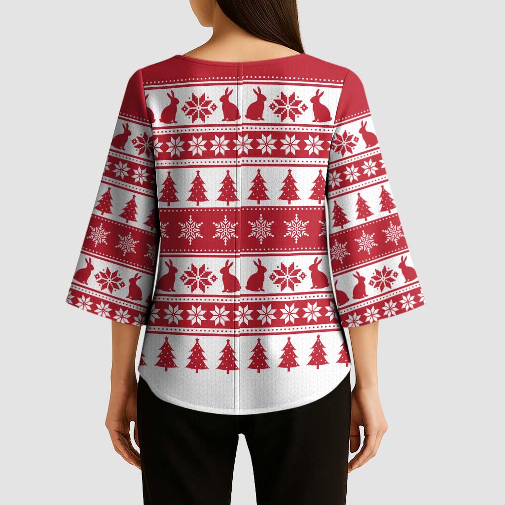 Christmas Santa Bunny Rabbits Kimono Sleeve Blouse Red White Tree Snowflake Pattern - Wonder Print Shop
