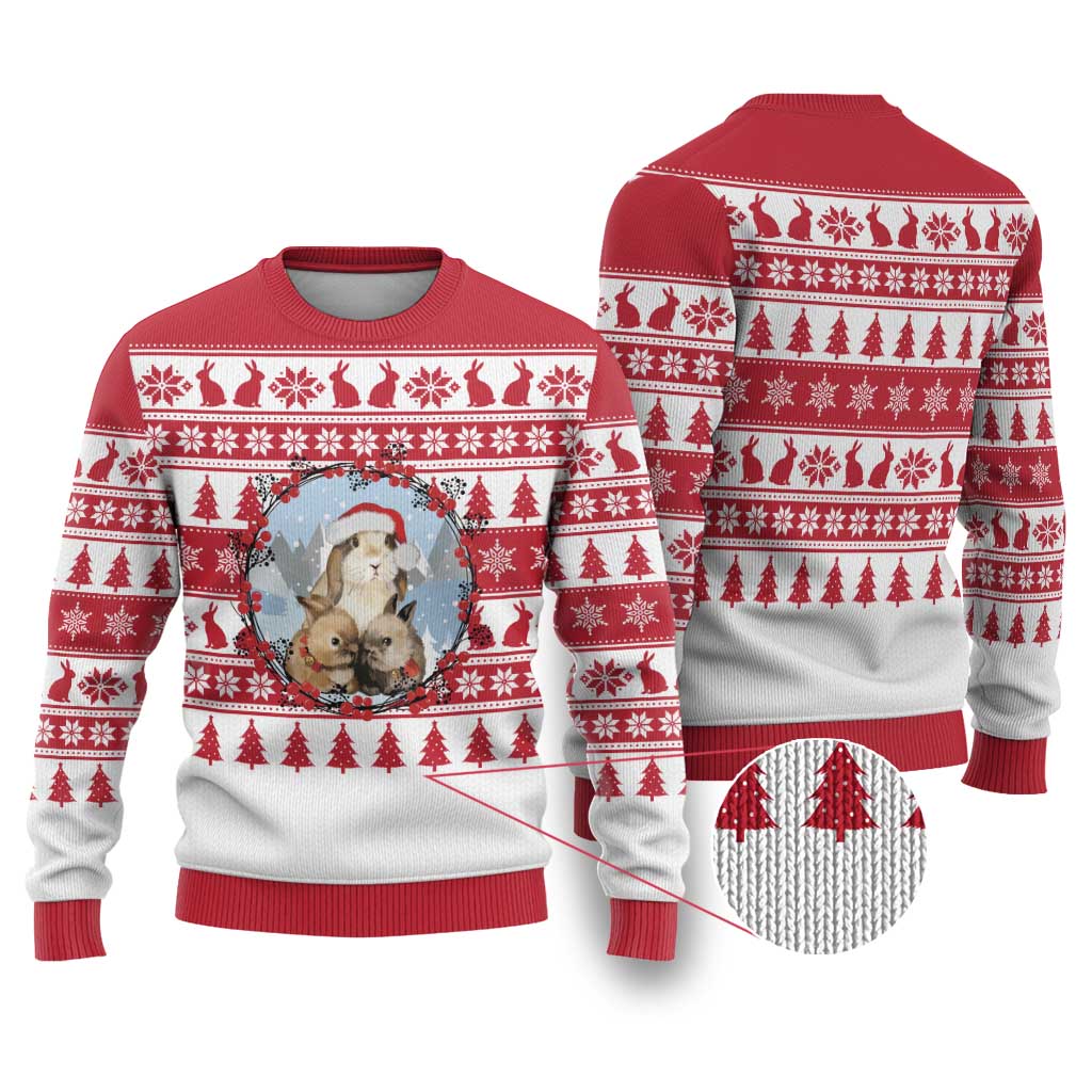 Christmas Santa Bunny Rabbits Ugly Christmas Sweater Red White Tree Snowflake Pattern - Wonder Print Shop