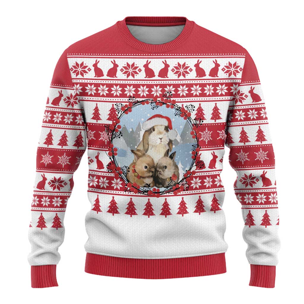 Christmas Santa Bunny Rabbits Ugly Christmas Sweater Red White Tree Snowflake Pattern - Wonder Print Shop