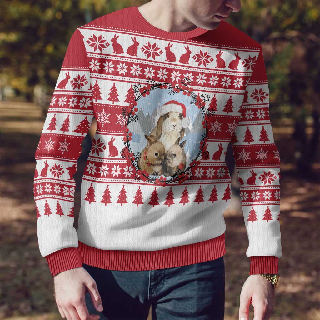 Christmas Santa Bunny Rabbits Ugly Christmas Sweater Red White Tree Snowflake Pattern - Wonder Print Shop