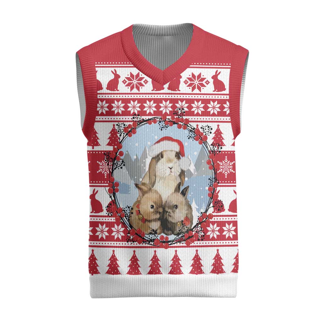 Christmas Santa Bunny Rabbits Christmas Knitted V-Neck Vest Red White Tree Snowflake Pattern - Wonder Print Shop