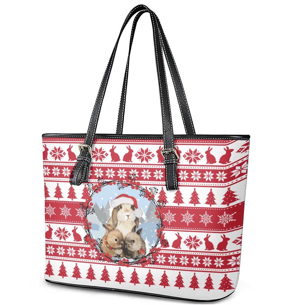 Christmas Santa Bunny Rabbits Leather Tote Bag Red White Tree Snowflake Pattern - Wonder Print Shop
