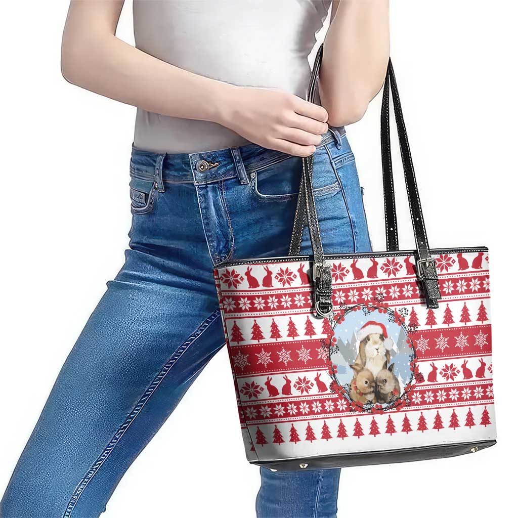 Christmas Santa Bunny Rabbits Leather Tote Bag Red White Tree Snowflake Pattern - Wonder Print Shop