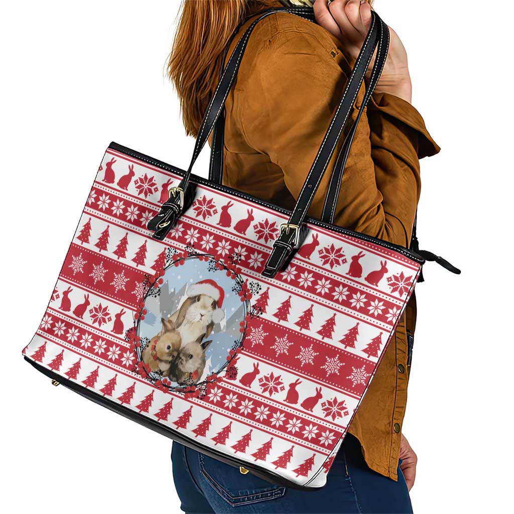 Christmas Santa Bunny Rabbits Leather Tote Bag Red White Tree Snowflake Pattern - Wonder Print Shop