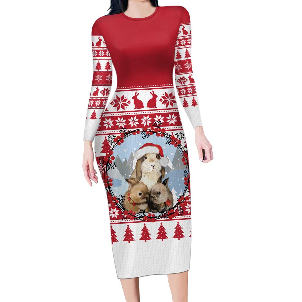 Christmas Santa Bunny Rabbits Long Sleeve Bodycon Dress Red White Tree Snowflake Pattern - Wonder Print Shop