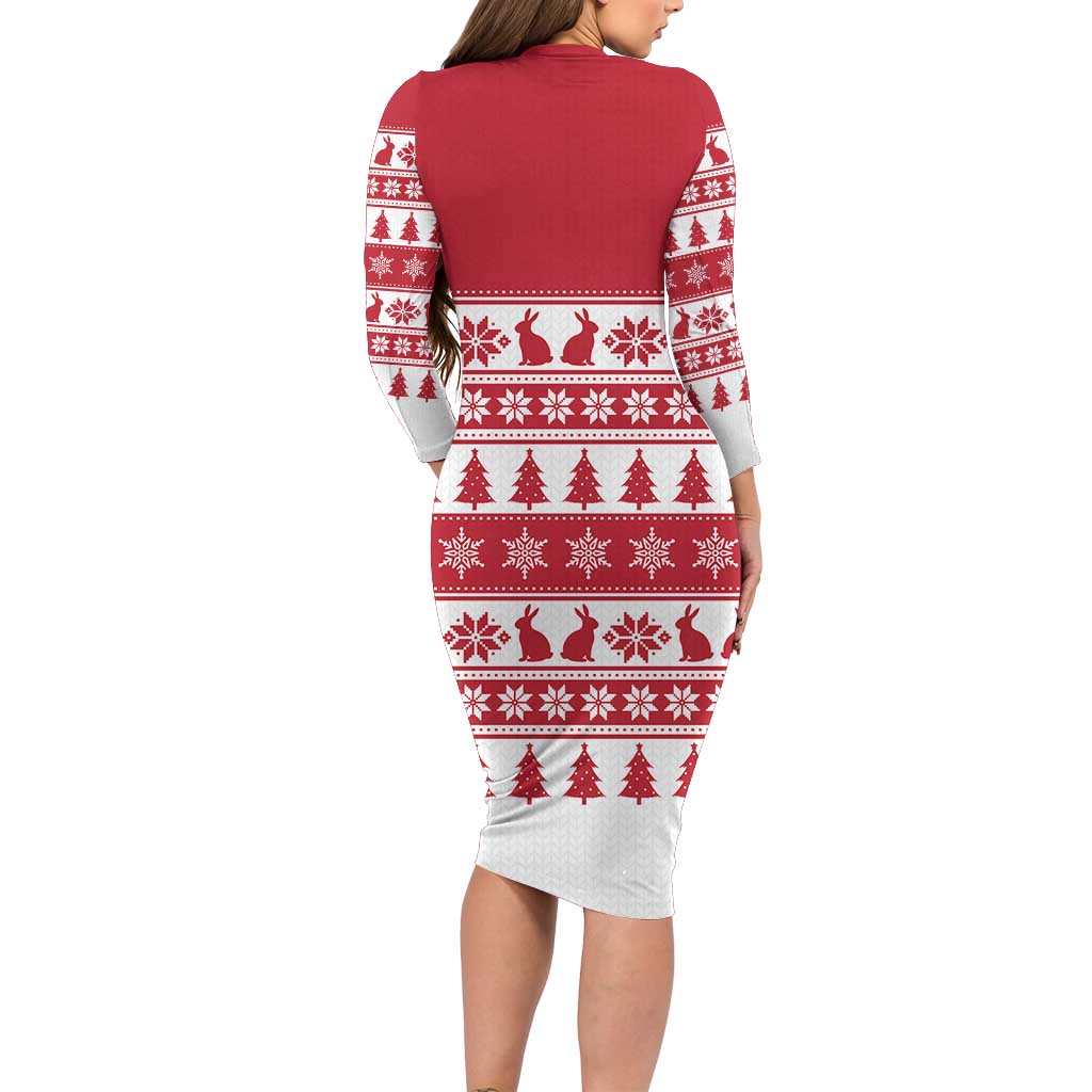 Christmas Santa Bunny Rabbits Long Sleeve Bodycon Dress Red White Tree Snowflake Pattern - Wonder Print Shop