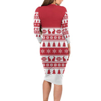Christmas Santa Bunny Rabbits Long Sleeve Bodycon Dress Red White Tree Snowflake Pattern - Wonder Print Shop