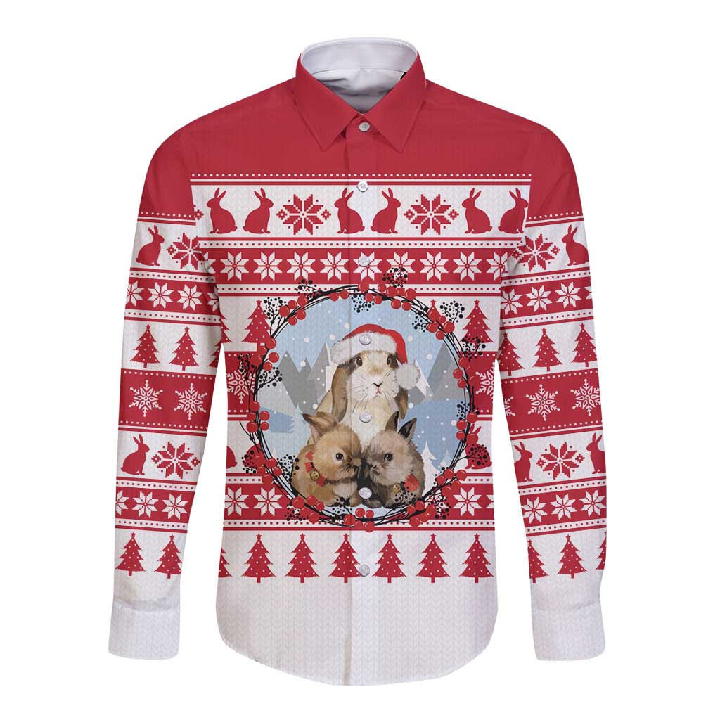 Christmas Santa Bunny Rabbits Long Sleeve Button Shirt Red White Tree Snowflake Pattern - Wonder Print Shop