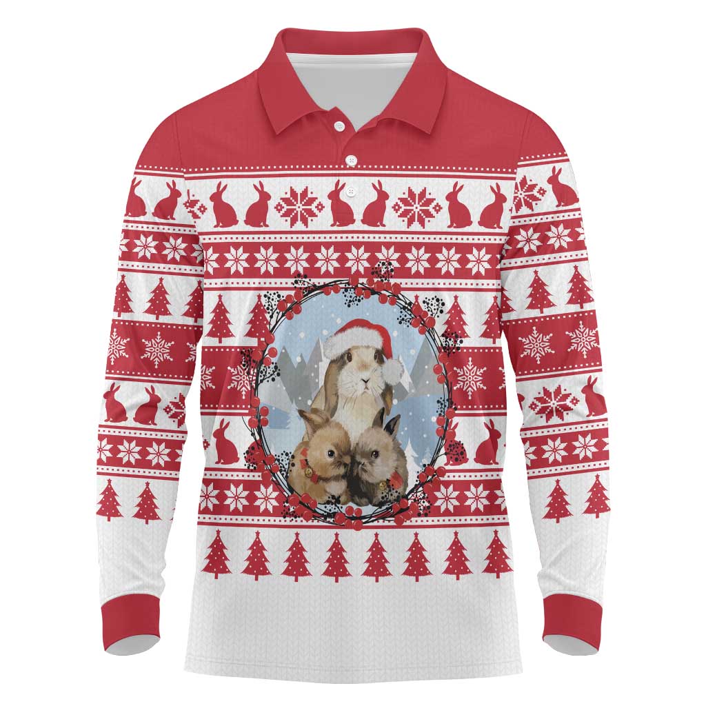 Christmas Santa Bunny Rabbits Long Sleeve Polo Shirt Red White Tree Snowflake Pattern - Wonder Print Shop
