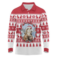 Christmas Santa Bunny Rabbits Long Sleeve Polo Shirt Red White Tree Snowflake Pattern - Wonder Print Shop