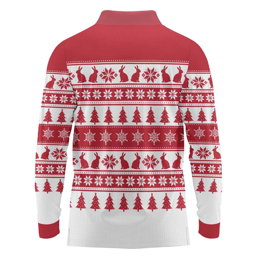 Christmas Santa Bunny Rabbits Long Sleeve Polo Shirt Red White Tree Snowflake Pattern - Wonder Print Shop