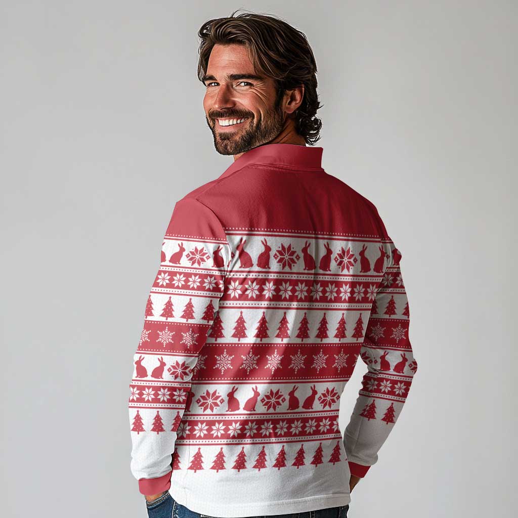 Christmas Santa Bunny Rabbits Long Sleeve Polo Shirt Red White Tree Snowflake Pattern - Wonder Print Shop
