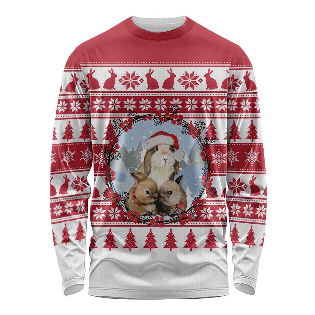 Christmas Santa Bunny Rabbits Long Sleeve Shirt Red White Tree Snowflake Pattern - Wonder Print Shop