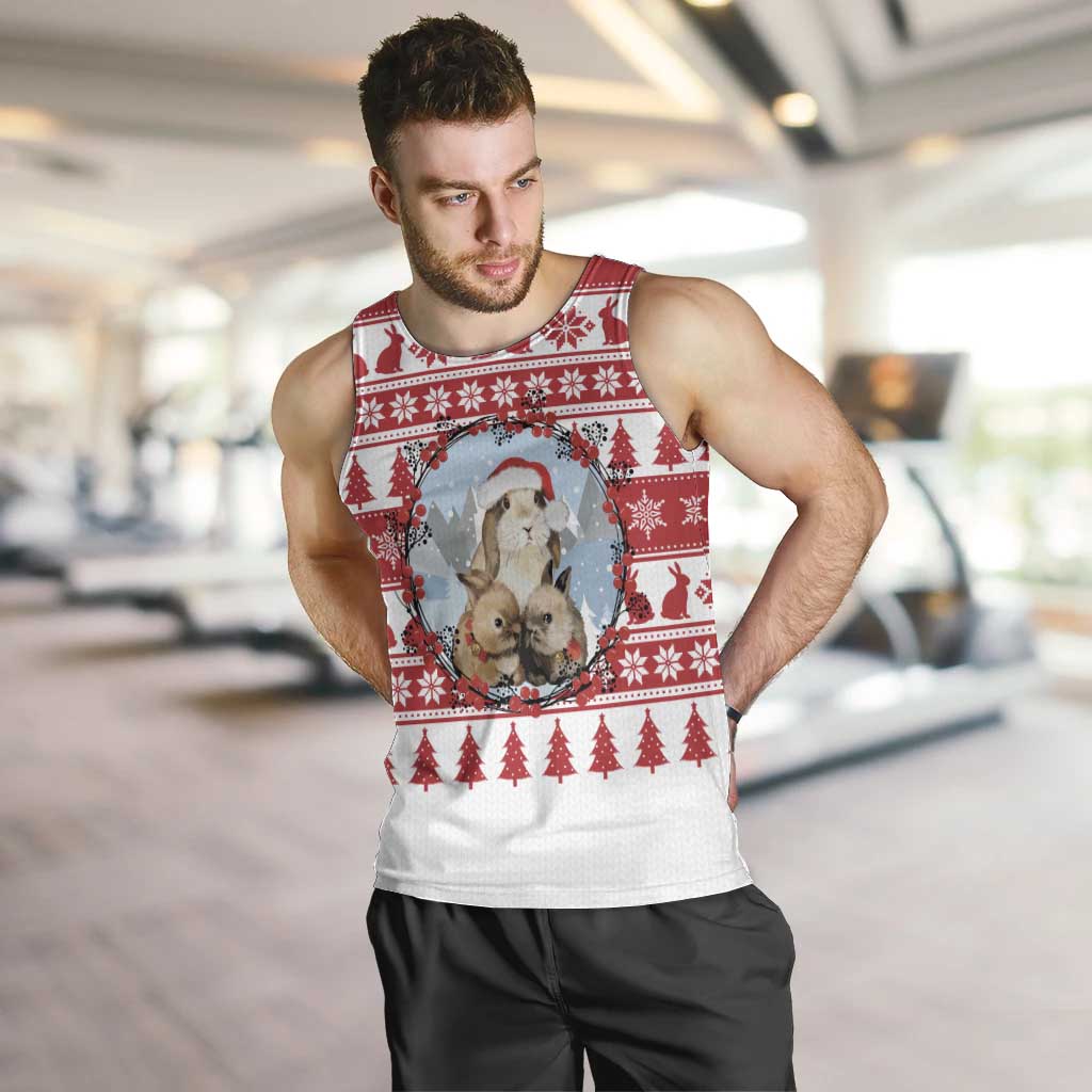 Christmas Santa Bunny Rabbits Men Tank Top Red White Tree Snowflake Pattern - Wonder Print Shop
