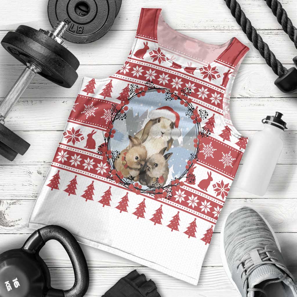 Christmas Santa Bunny Rabbits Men Tank Top Red White Tree Snowflake Pattern - Wonder Print Shop