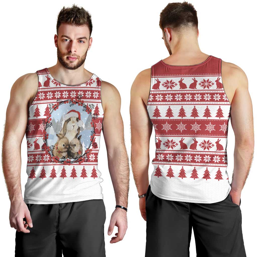 Christmas Santa Bunny Rabbits Men Tank Top Red White Tree Snowflake Pattern - Wonder Print Shop