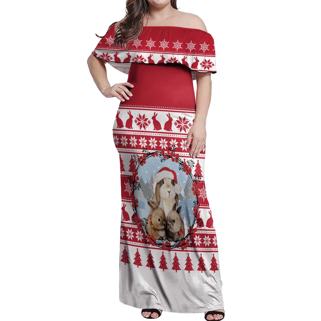 Christmas Santa Bunny Rabbits Off Shoulder Maxi Dress Red White Tree Snowflake Pattern - Wonder Print Shop
