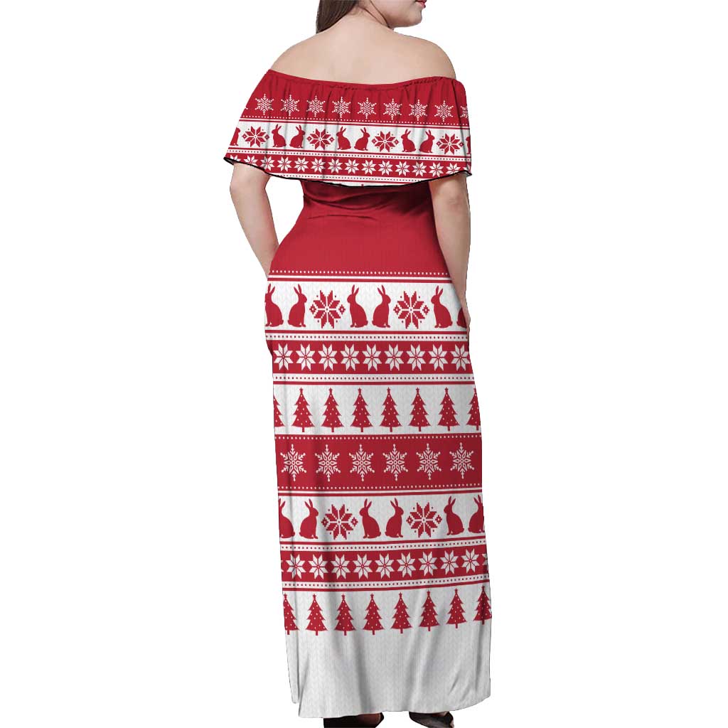 Christmas Santa Bunny Rabbits Off Shoulder Maxi Dress Red White Tree Snowflake Pattern - Wonder Print Shop