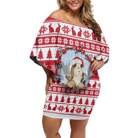 Christmas Santa Bunny Rabbits Off Shoulder Short Dress Red White Tree Snowflake Pattern - Wonder Print Shop